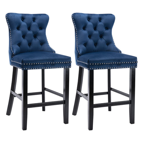 2X Velvet Bar Stools With Studs Trim Wooden Legs Tufted Dining Chairs Kitchen