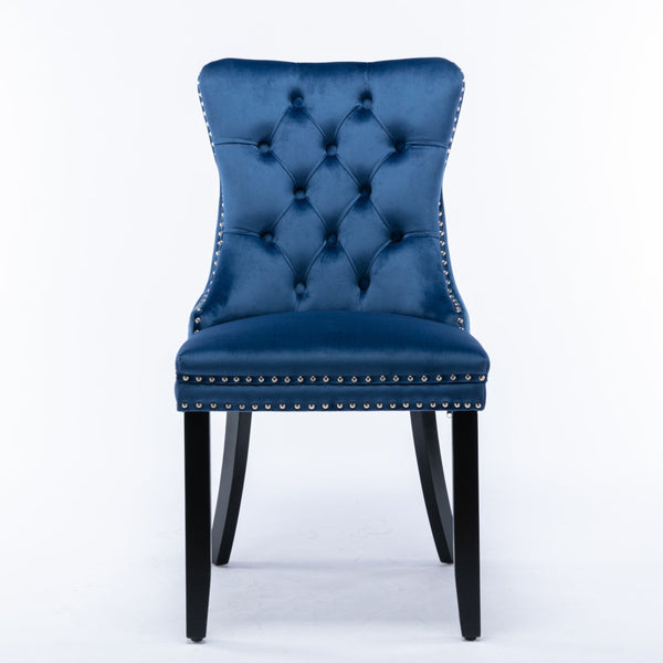6X Velvet Dining Chairs Upholstered Tufted Kithcen With Solid Wood Legs Stud Trim And Ring-Blue
