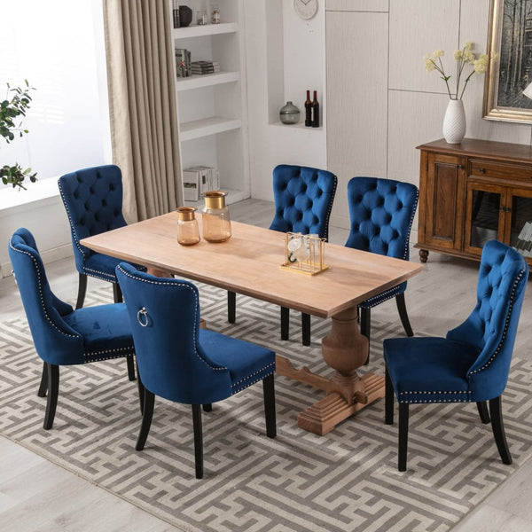 6X Velvet Dining Chairs Upholstered Tufted Kithcen With Solid Wood Legs Stud Trim And Ring-Blue