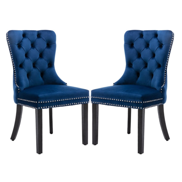 8X Velvet Dining Chairs Upholstered Tufted Kithcen With Solid Wood Legs Stud Trim And Ring-Blue