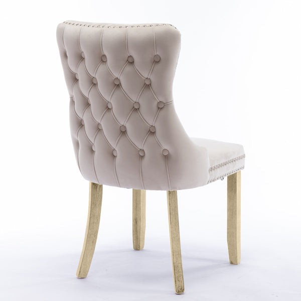 4X Velvet Upholstered Dining Chairs Tufted Wingback Side With Studs Trim Solid Wood Legs For Kitchen