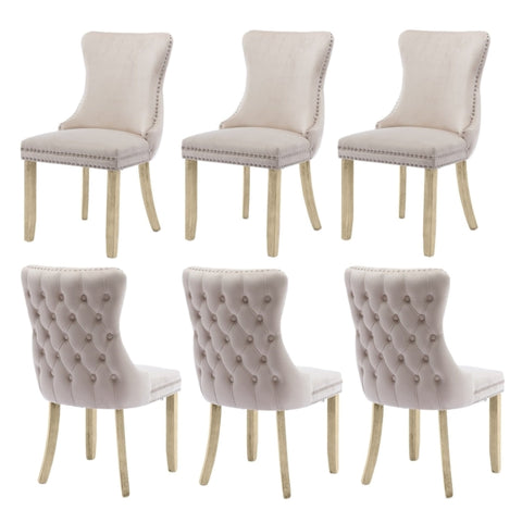 6X Velvet Upholstered Dining Chairs Tufted Wingback Side With Studs Trim Solid Wood Legs For Kitchen