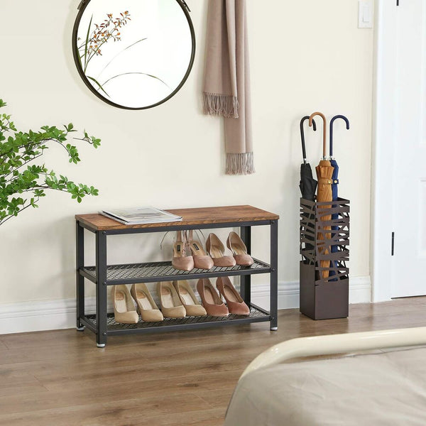 Vasagle Shoe Bench With Seat Rack 2 Mesh Shelves Rustic Brown And Black Lbs73x
