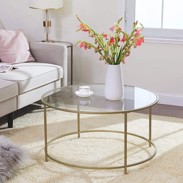 Vasagle Round Coffee Table Glass With Steel Frame Gold Lgt21g