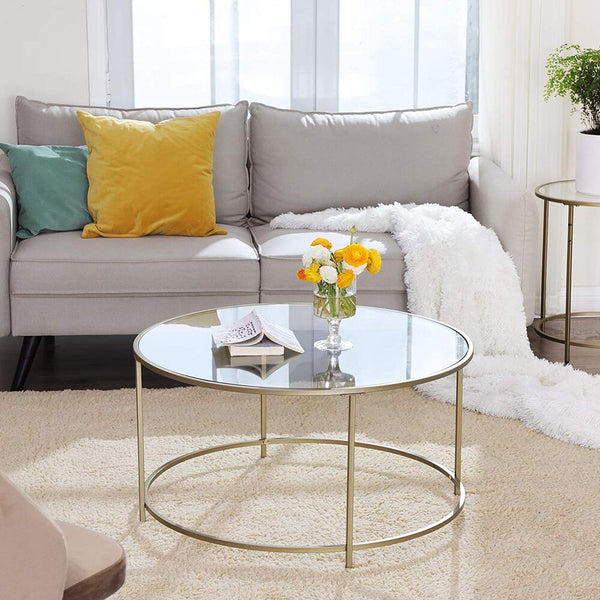 Vasagle Round Coffee Table Glass With Steel Frame Gold Lgt21g
