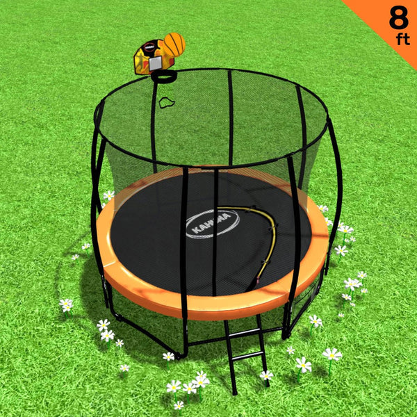 Kahuna 8Ft Outdoor Orange Trampoline For Kids And Children Suited Fitness Exercise Gymnastics With Safety Enclosure Basketball Hoop Set