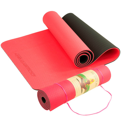 Powertrain Eco-Friendly Dual Layer 8Mm Yoga Mat | Red Blush Non-Slip Surface And Carry Strap For Ultimate Comfort Portability
