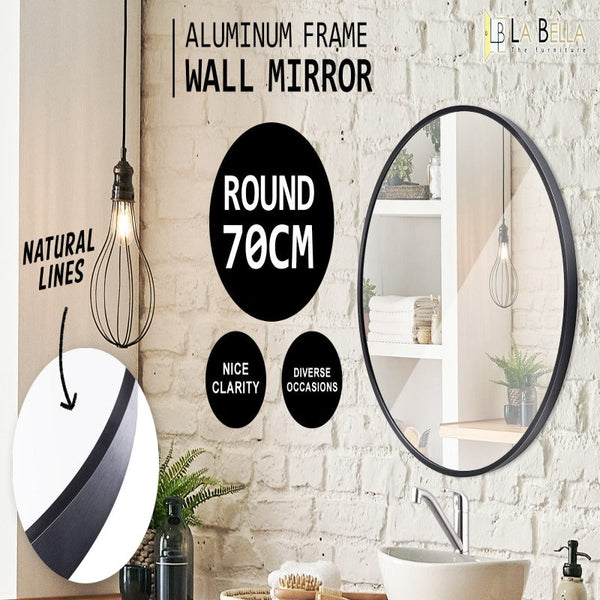 La Bella 2 Set Black Wall Mirror Round Aluminum Frame Makeup Decor Bathroom Vanity 70Cm