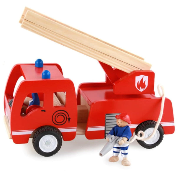 Fire Truck Wooden 3 Years + With Ladder And Firemen Engine Red
