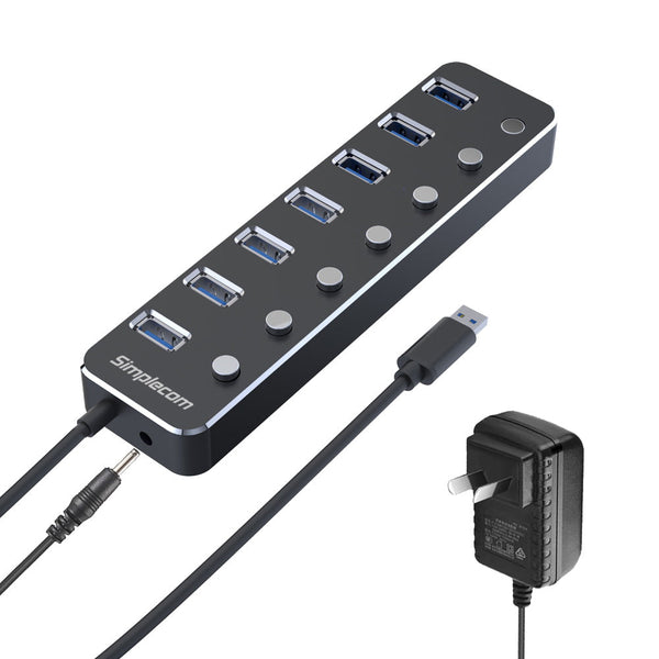 Simplecom Ch375ps Aluminium Port Usb 3.0 Hub With Individual Switches And Power Adapter