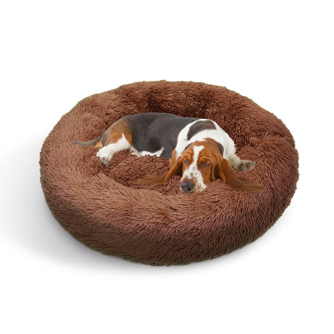 Pet Dog Bedding Warm Plush Round Comfortable Nest Light Coffee Large 90Cm