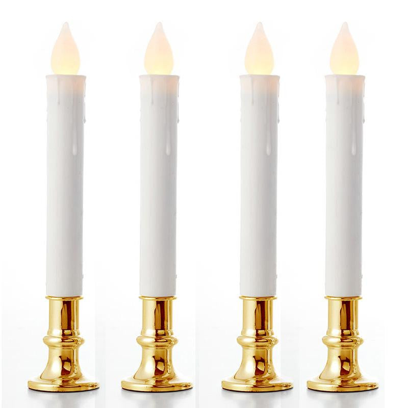 3 Pack Taper Stick White Battery Candle - Natural Flame Light Colour No Flicker Gold Stand Base