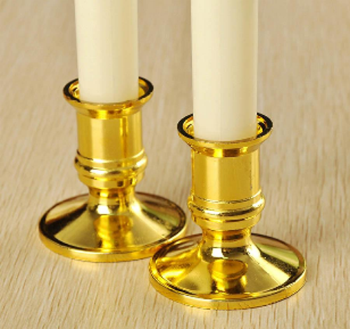 3 Pack Taper Stick White Battery Candle - Natural Flame Light Colour No Flicker Gold Stand Base