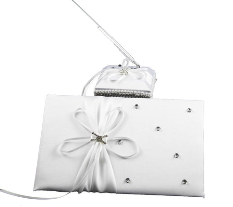 White Wedding Guest Book Register With Silver Pen Matching Stand Set 36 Lined Pages - Ribbon And Diamante Bow Cover