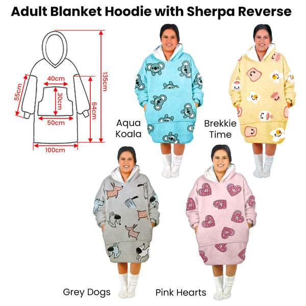 Adult Women Comfy Warm Blanket Hoodie With Sherpa Fleece Reverse Grey Dogs