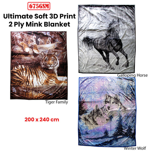 675Gsm 2 Ply 3D Print Faux Mink Blanket Queen 200X240 Cm Winter Wolf