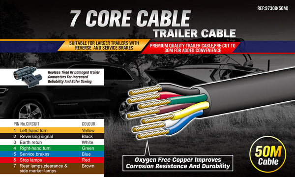 50M X 7 Core Wire Cable Trailer Automotive Boat Caravan Truck Coil V90 Pvc