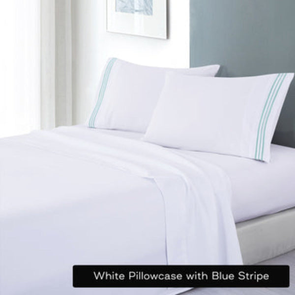 Soft Microfibre Embroidered Stripe Sheet Set Double White Pillowcase Blue
