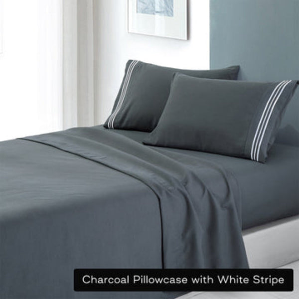 Soft Microfibre Embroidered Stripe Sheet Set King Charcoal Pillowcase White