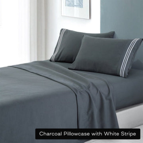 Soft Microfibre Embroidered Stripe Sheet Set Queen Charcoal Pillowcase White
