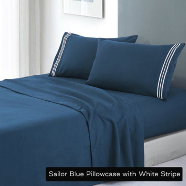 Soft Microfibre Embroidered Stripe Sheet Set Single Sailor Blue Pillowcase White