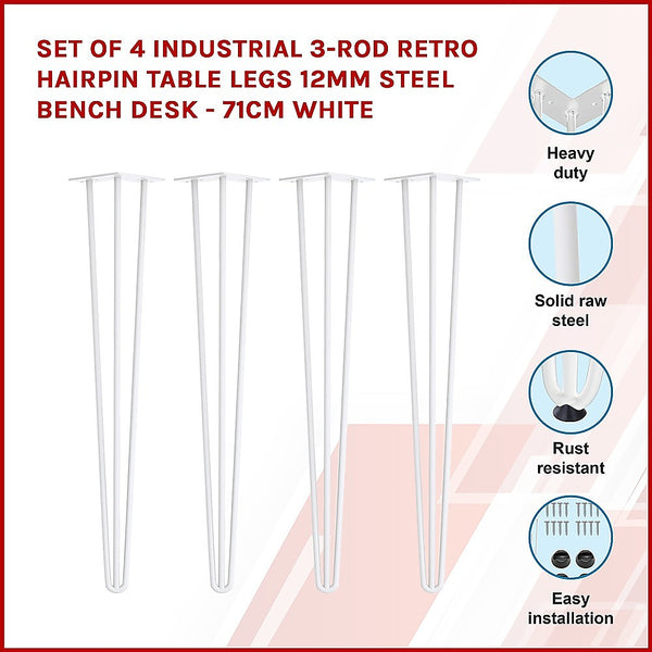 Set Of 4 Industrial 3-Rod Retro Hairpin Table Legs 12Mm Steel Bench Desk 71Cm White