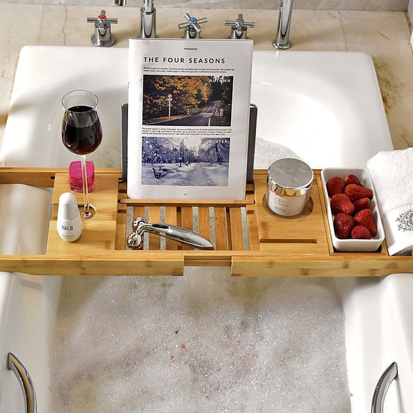 Bathroom Bamboo Caddy Wine Glass Holder Table Tray Bathtub Rack Soap Shelf