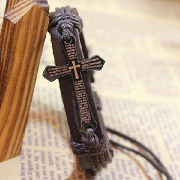 Vintage Scripture Cross Faux Leather Charm Bracelet Brown