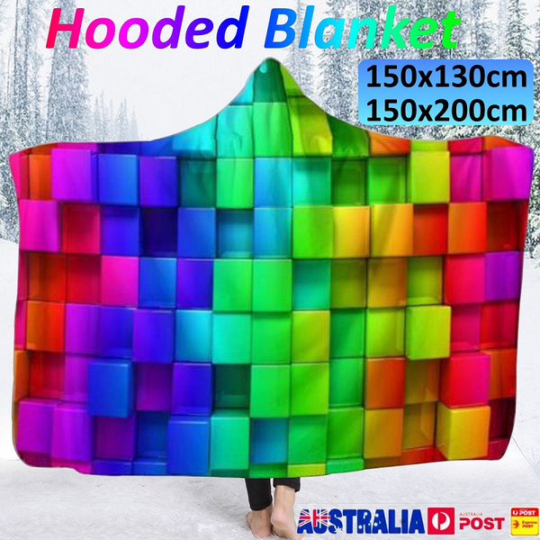 Warm 3D Bright Colourful Cubes Wearable Plush Hooded Blankets