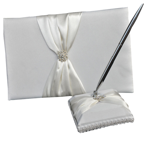 White Wedding Guest Book Register With Silver Pen Matching Stand Set 36 Lined Pages - Ivory Sach Ribbon Cover