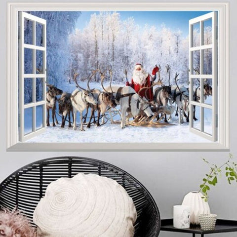 Window Forest Christmas Deer Santa 3D Wall Art Sticker 48.572Cm