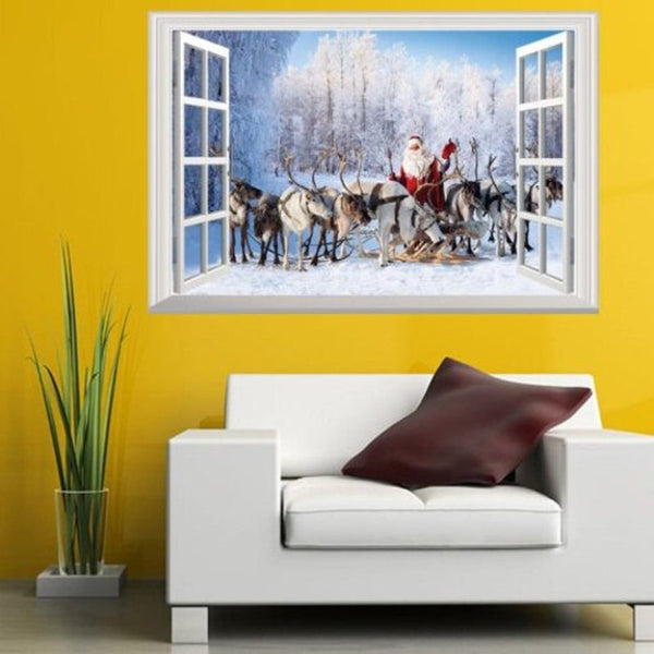 Window Forest Christmas Deer Santa 3D Wall Art Sticker 48.572Cm
