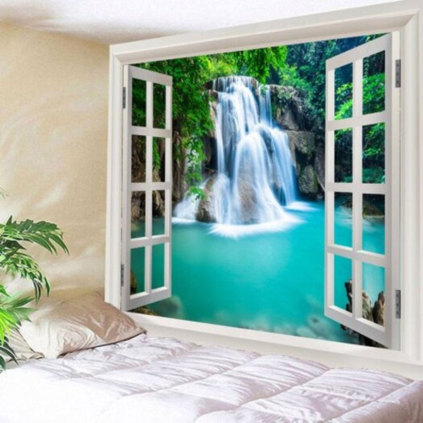 Window Outside Forest Waterfall Printed Wall Tapestry Blue W79 Inch L71