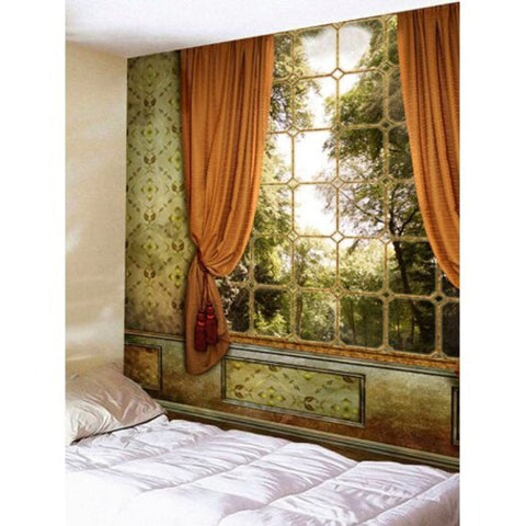 Window With Curtain Trees Print Wall Hanging Tapestry Brown W79 Inch L71