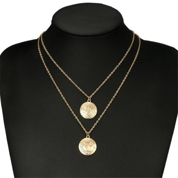 Women Simple Design Gold Diamond Star And Moon Mini Disk Necklace