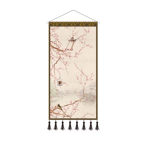 Wooden Scroll Printed Canvas Chinese Landscape Painting Wall Hanging Home Decor