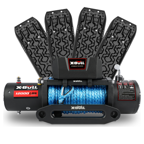 X-Bull 12V Electric Winch 12000Lbs Synthetic Rope With 4Pcs Recovery Tracks Gen3.0 Black