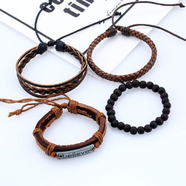 4 Pieces Beads Braided Leather Believe Charm Bracelet For Men Deep Coffee