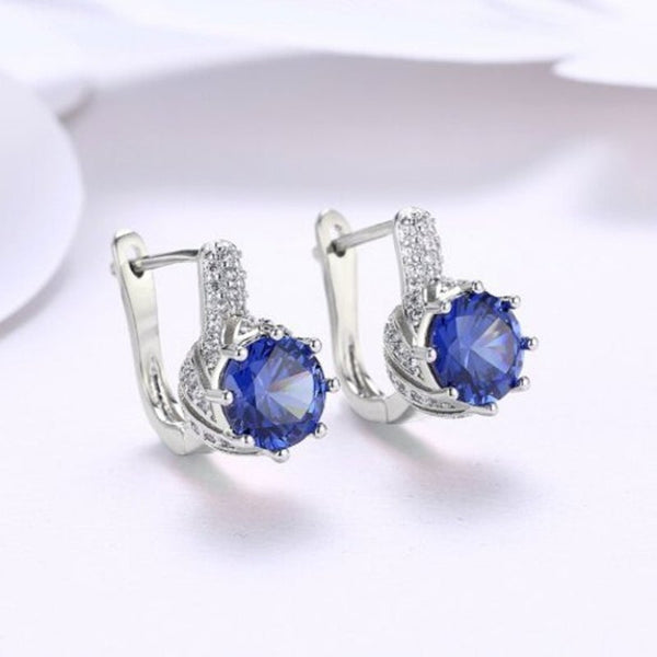 Zircon Earring Blue Round Diamond Romantic Wind Clip Silver