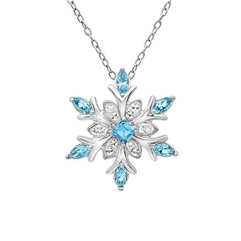 Zircon Blue White Christmas Snowflake Pendant Long Chain Necklace