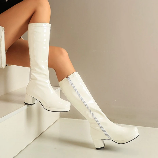Reave Cat Autumn Candy Sweet Knee High Round Toe Square Heel Pu Zipper Big Size 33 46 Yellow Green Purple Orange S1981 Boots