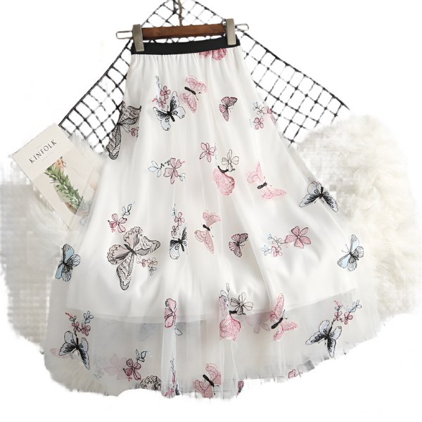 Embroidered Floral Butterfly Gauze Skirt High Waist White Apricot Black Women's Clothing Skirts