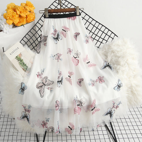 Embroidered Floral Butterfly Gauze Skirt High Waist White Apricot Black Women's Clothing Skirts