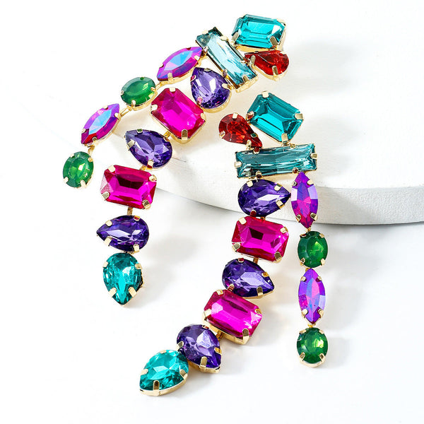 Veile Studios Water Drop Shape Colourful Glass Rhinestone Long Tassel For Women And Girls Earrings