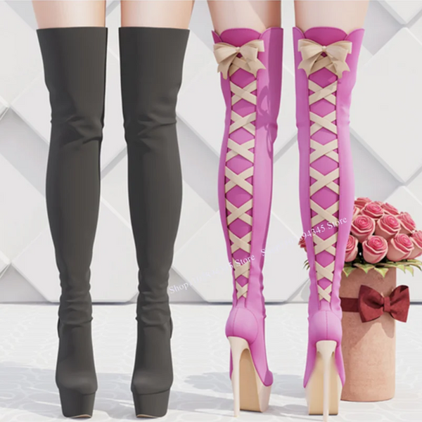 Black Lace Up Platform Over Knee High Thin Heel Winter 2024 Woman Shoes Boots
