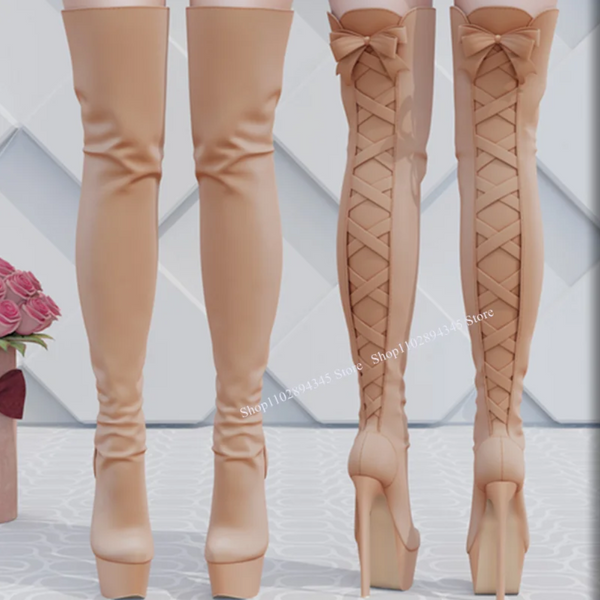 Black Lace Up Platform Over Knee High Thin Heel Winter 2024 Woman Shoes Boots