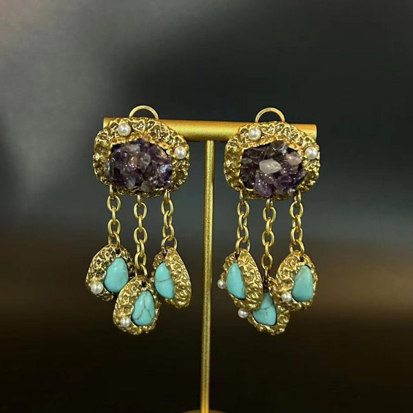 Veile Studios Heavy Turquoise Tassel Alloy Artistic Retro Design Earrings