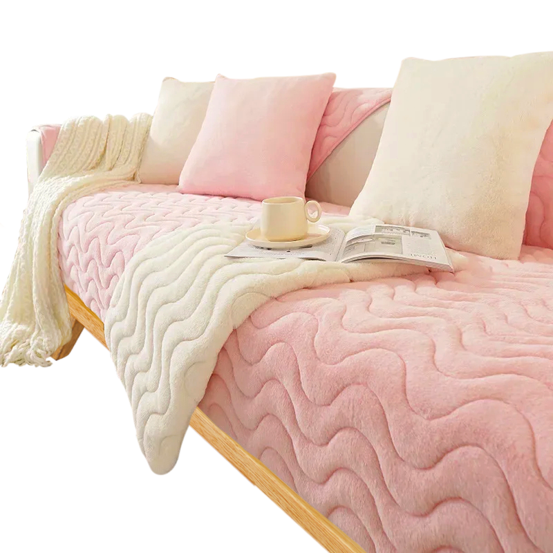 Sofa Towel Super Soft Wave Pink Rabbit Plush Quilted Couch Cover Slipcovers