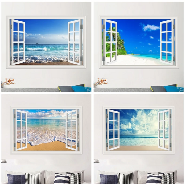 Blue Beach Nature Sky 3D Window View Wall Sticker Pvc Sea Landscape Vinyl Decal Room Decor Self Adhesive Wallpaper Picture Wall Stickers