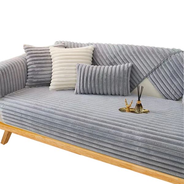 Sofa Towel Super Soft Linear Gray Rabbit Plush Quilted Couch Cover Slipcovers